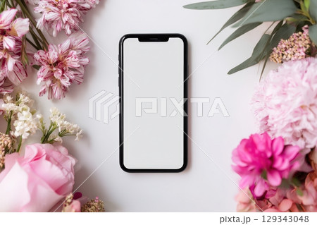 Phone screen surrounded by vibrant flowers and decorative props in a bright setting 129343048