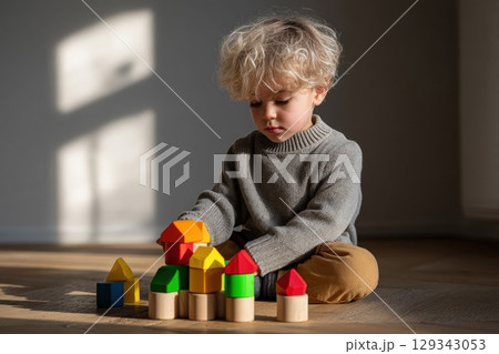 Learning math concepts with colorful wooden blocks while sitting on the floor 129343053