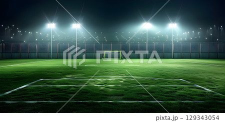 Soccer stadium at night with lights and fog in the background - Ai Generated 129343054