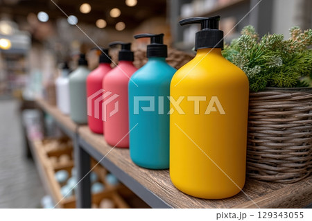 Colorful eco-friendly products on display at sustainable store shelf 129343055