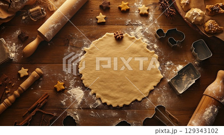 A circular dough sits on a flour-dusted wooden surface surrounded by rolling pins, cookie cutters, and seasonal decorations. 129343102