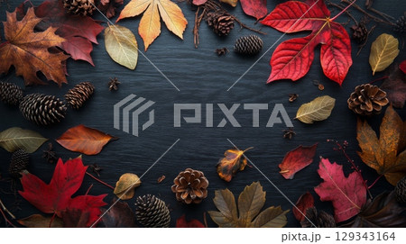 Autumn leaves in vibrant colors and pine cones are artistically arranged on a dark wooden surface, creating a seasonal display. 129343164