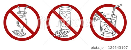 Vector set of cocktails in the prohibition sign. Collection of forbidden signs with alcoholic drinks. It is prohibited to drink alcohol. Vector set of cocktails in the prohibition sign. Collection of forbidden signs with alcoholic drinks. It is prohibited to drink alcohol. 129343197