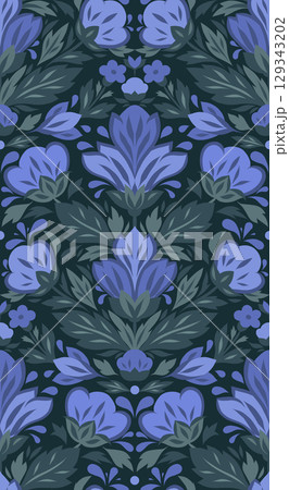 Vector seamless pattern with decorative blue flowers. Texture with stylized flower arrangement on dark background. Summer bloom. Floral background 129343202