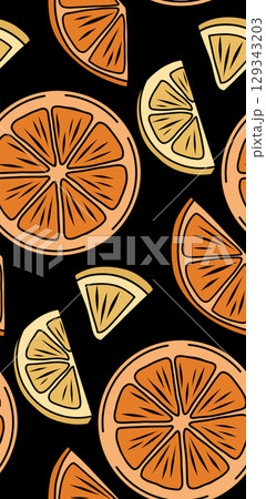 Vector seamless pattern with hand drawn orange and lemon slices. Citrus fruit texture on black background. 129343203
