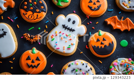 Assorted Halloween cookies featuring ghosts, pumpkins, and bats, all adorned with vibrant icing and sprinkles. 129343223