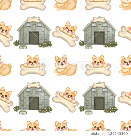 Seamless Pattern Kawaii playful Corgi and Shiba Inu dogs in various poses, Dog equipment Hand drawn. 129343360