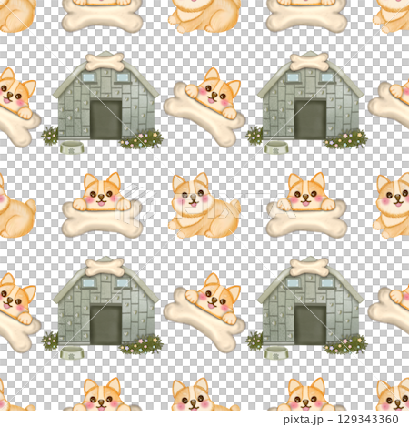Seamless Pattern Kawaii playful Corgi and Shiba Inu dogs in various poses, Dog equipment Hand drawn. 129343360