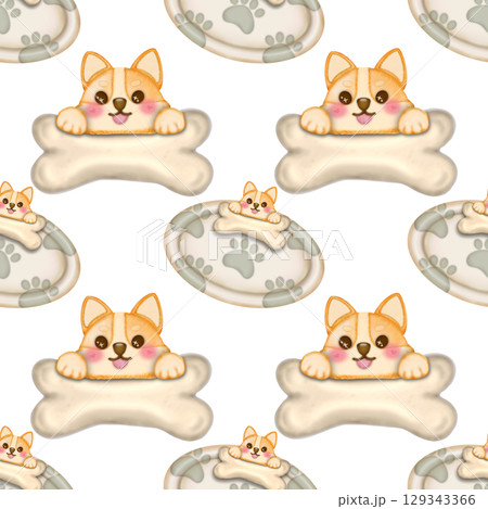 Seamless Pattern Kawaii playful Corgi and Shiba Inu dogs in various poses, Dog equipment Hand drawn. 129343366