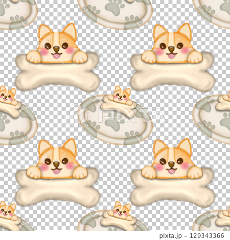 Seamless Pattern Kawaii playful Corgi and Shiba Inu dogs in various poses, Dog equipment Hand drawn. 129343366