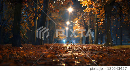 Autumn park alley with lanterns and falling leaves - Ai generated Autumn park alley with lanterns and falling leaves - Ai generated 129343427