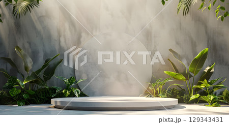 3d rendering of white podium for product presentation with palm leaf shadow on the wall - Ai Generated 3d rendering of white podium for product presentation with palm leaf shadow on the wall - Ai Generated 129343431