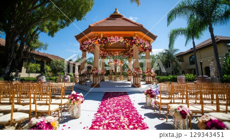 The wedding venue features a stunning gazebo adorned with flowers, surrounded by elegantly arranged chairs and a petal-covered aisle. 129343451