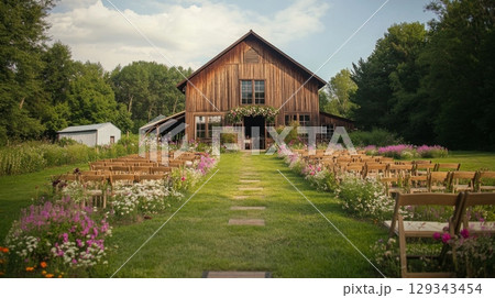 A rustic barn stands at the end of a flower-lined pathway, with rows of chairs set up for a wedding ceremony under a clear sky. 129343454