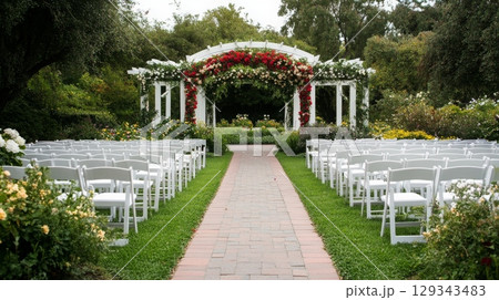A charming garden venue is prepared for a wedding, featuring white chairs arranged in rows and a floral arch as a backdrop surrounded by vibrant flowers. 129343483