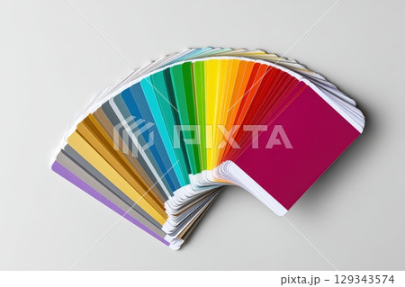 Color swatches arranged in a fan layout showcasing various shades and tones 129343574