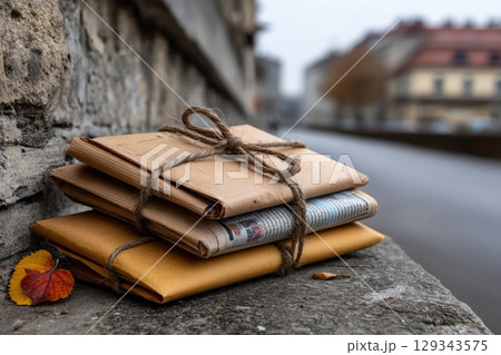 Stack of wrapped documents resting on a stone ledge near a city street in autumn 129343575