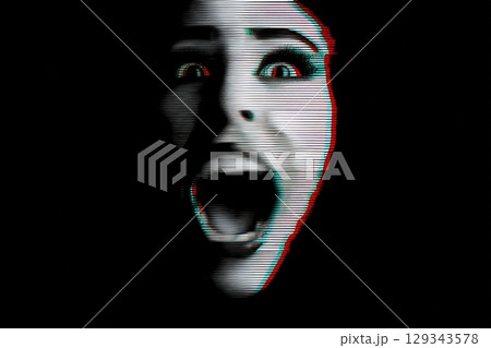 Intense expression of fear captured in a digital art piece with glitch effects 129343578