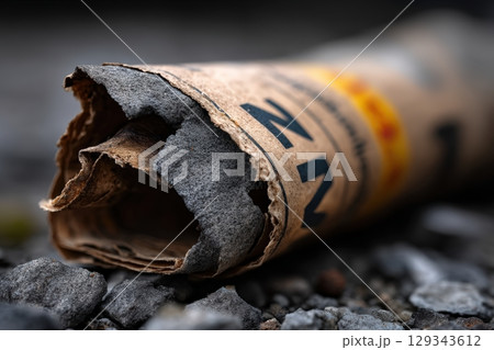 Torn and weathered newspaper lies on gravel surface in an outdoor setting 129343612