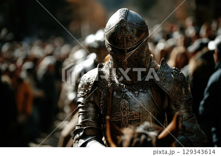 Medieval knight in shining armor leads a crowd during a historical festival in the countryside 129343614