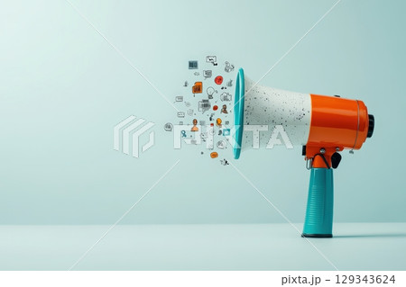 Bright megaphone with colorful icons representing communication and social media trends 129343624