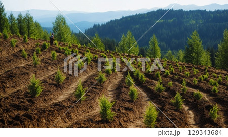 A person tends to young saplings planted in neat rows on a hillside surrounded by lush greenery and mountains. 129343684