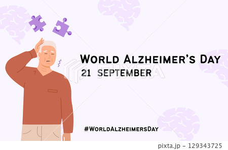World alzheimer day awareness horizontal banner with elderly man feeling unwell, confused, signs of memory loss. Concept of dementia disease prevention poster template for social media. Vector. World alzheimer day awareness horizontal banner with elderly man feeling unwell, confused, signs of memory loss. Concept of dementia disease prevention poster template for social media. Vector. 129343725