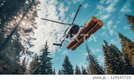 A helicopter hovers over a dense forest, carrying logs suspended from a sturdy frame, under a bright blue sky with scattered clouds. 129343728