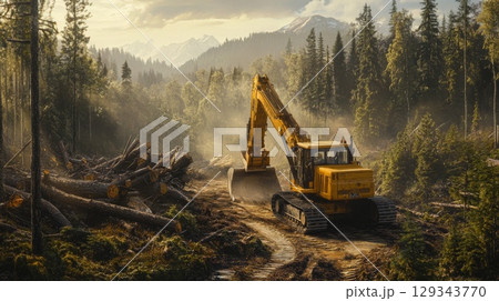 A large excavator operates in a dense forest, clearing fallen trees and debris under the morning light, surrounded by mountainous terrain. A large excavator operates in a dense forest, clearing fallen trees and debris under the morning light, surrounded by mountainous terrain. 129343770