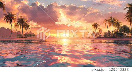 Beautiful sunset over the sea with palm trees - Ai generated 129343828