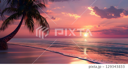 Beautiful sunset over the sea with palm trees - Ai generated 129343833