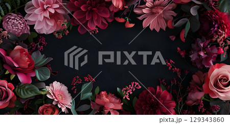 Flowers composition, Frame made of beautiful flowers on black background - Ai Generated 129343860
