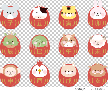 可愛的十二生肖達摩插圖素材集 可愛的十二生肖達摩插圖素材集 129343867