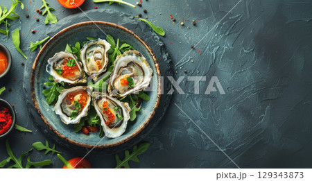 A platter of fresh oysters garnished with herbs and accompanied by various dipping sauces sits on a textured surface. 129343873