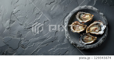 A plate holds four freshly shucked oysters, presented on a textured slate surface, showcasing their natural beauty and freshness. A plate holds four freshly shucked oysters, presented on a textured slate surface, showcasing their natural beauty and freshness. 129343874