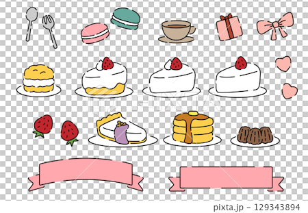 手書き風のかわいいスイーツとケーキとリボンの素材セット 129343894