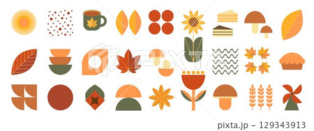 Set of autumn icons in flat geometric style. Leaves, berries, mushrooms, nut, pumpkin, vegetables in Bauhaus style. Collection of flat icons. Vector illustration. 129343913