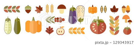 Set of autumn icons in flat geometric style. Leaves, berries, mushrooms, nut, pumpkin, vegetables in Bauhaus style. Collection of flat icons. Vector illustration. 129343917