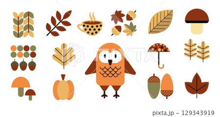 Set of autumn icons in flat geometric style. Leaves, berries, mushrooms, nut, pumpkin, vegetables in Bauhaus style. Collection of flat icons. Vector illustration. Set of autumn icons in flat geometric style. Leaves, berries, mushrooms, nut, pumpkin, vegetables in Bauhaus style. Collection of flat icons. Vector illustration. 129343919