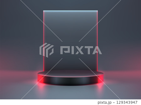 futuristic technology product display with neon glow black pedestal and red blue lighting in modern showroom mockup for sleek tech product showcase concept futuristic technology product display with neon glow black pedestal and red blue lighting in modern showroom mockup for sleek tech product showcase concept 129343947