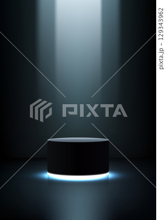 black 3d podium with spotlight and blue glow for product display in dark empty studio scene perfect for modern showcase mockup presentation background or minimalist branding design 129343962
