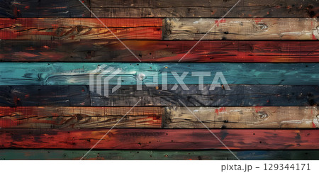 Colorful wood plank wall texture background for interior or exterior design - Ai Generated 129344171