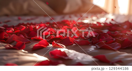 Red rose petals on bed in bedroom, Valentine's day concept - Ai Generated 129344186