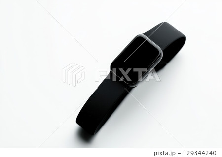 Modern smartwatch with black band displayed on a minimalistic background 129344240