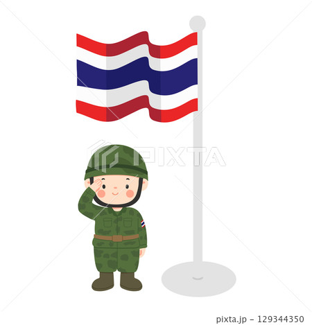 Cartoon Soldier Saluting Thai Flag Illustration Cartoon Soldier Saluting Thai Flag Illustration 129344350