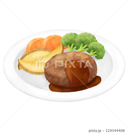 茹で野菜付きのデミグラスソースがかかったハンバーグ定食のイラスト 129344406