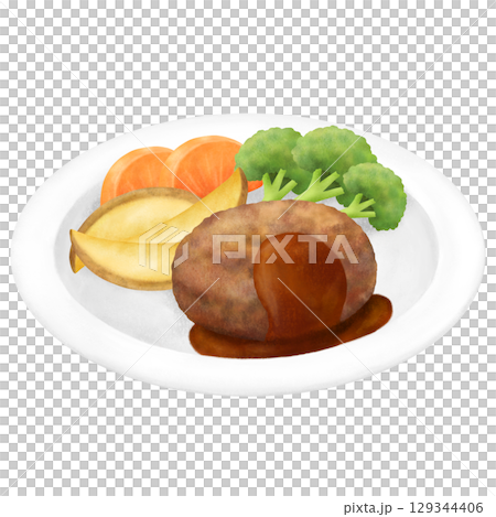 Illustration of a hamburger steak set meal with boiled vegetables and demi-glace sauce 129344406