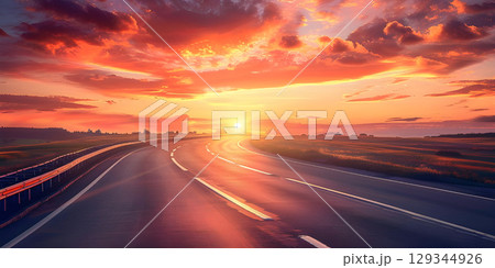 Asphalt road in the evening with a beautiful sunset - Ai Generated 129344926