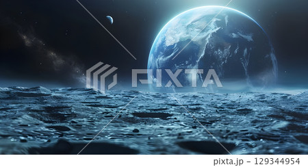 3d rendering of planet earth in space with stars and moon - Ai Generated 129344954