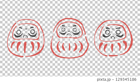 Three cute and relaxed Daruma dolls. Hand-drawn illustrations in two colors: red and black. 129345186